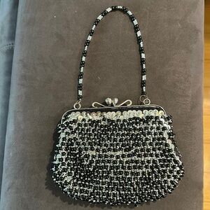 Black silver beaded clutch shoulder bag. Silver chain is detachable